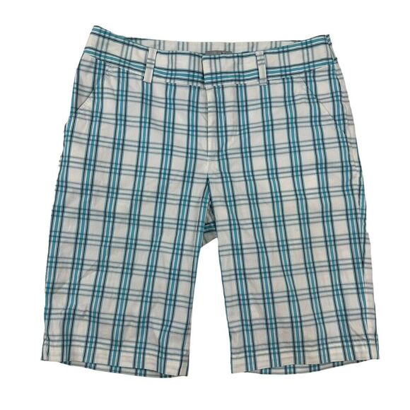 Ashworth White Blue Plaid Bermuda Shorts Size 6 Flat Front Cotton Blend Stretch - Picture 1 of 8